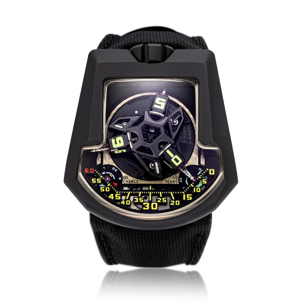 View full screen - View 1 of Lot 29. Hammerhead, Ref. UR203 Limited edition PECVD-coated platinum wristwatch with revolving satellite hour display, telescopic minute hand, twin turbine system, oil change indicator and 150-year horological odometer Circa 2010 | Urwerk UR203型號「Hammerhead」限量版PECVD塗層鉑金腕錶,備衛星時刻顯示、可伸縮分針、雙渦輪系統、機油儲存顯示及150年里程計,年份約2010.