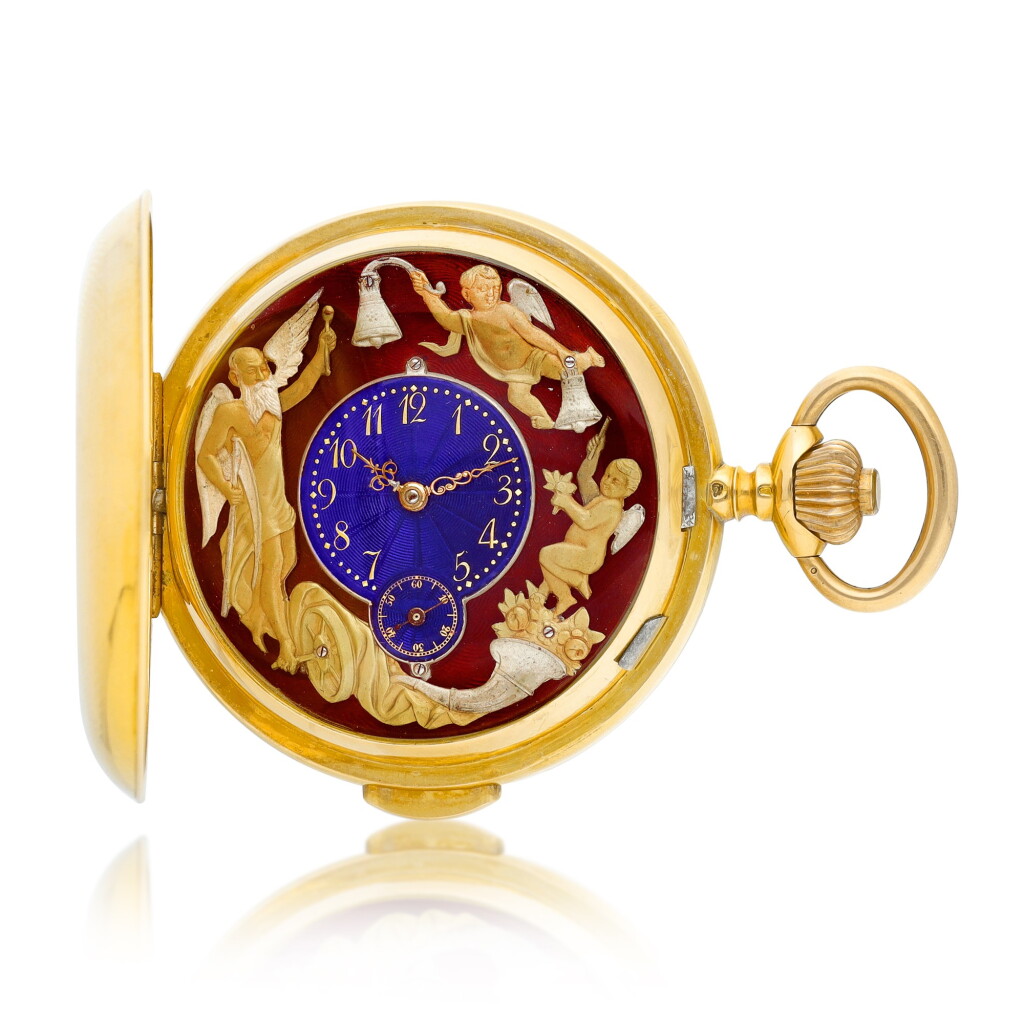 View full screen - View 1 of Lot 8165. A yellow gold minute repeater hunting case watch with automaton and enamel dial, Circa 1900 | 黃金三問獵殼懷錶,備活動人偶及琺琅錶盤,約1900年製.
