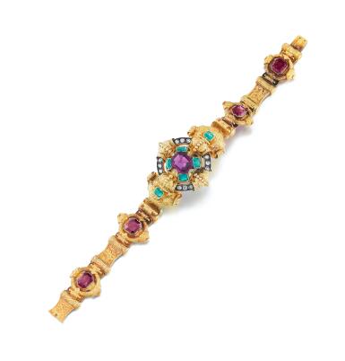 View full screen - View 1 of Lot 2. Garnet, emerald and diamond bracelet .