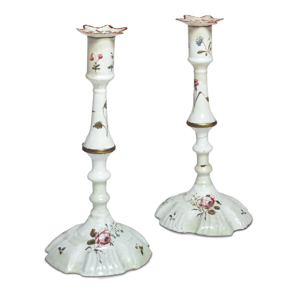 View full screen - View 1 of Lot 1802. JACQUELINE KENNEDY ONASSIS: A PAIR OF ENGLISH ENAMEL CANDLESTICKS, SOUTH STAFFORDSHIRE, LATE 18TH CENTURY.