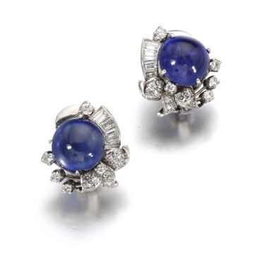 View full screen - View 1 of Lot 194. PAIR OF SAPPHIRE AND DIAMOND EARRINGS.