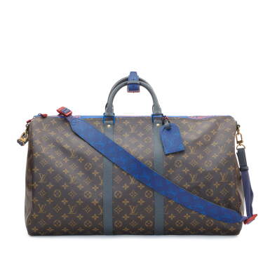 View full screen - View 1 of Lot 750. Blue Monogram And Taiga Outdoor Bandoulière Keepall 55 Blue and Red Hardware, 2018.