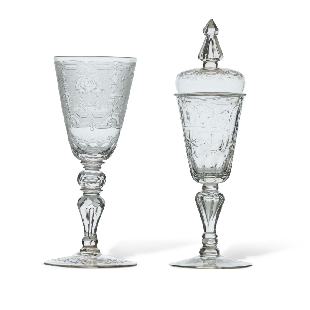 View full screen - View 1 of Lot 16. Two Continental Engraved and Cut-Glass Goblets and a Cover, First Half 18th Century, | Zwei mitteleuropäische gravierte und geschliffene Glaspokale und ein Deckel, erste Hälfte des 18. Jahrhunderts.