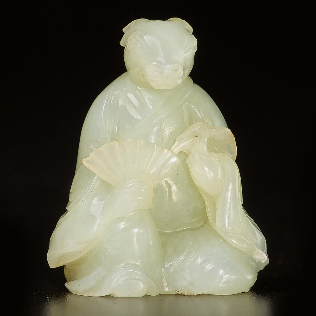 View full screen - View 1 of Lot 185. A pale celadon jade zodiac figure of a rabbit, Qing dynasty, 18th / 19th century | 清十八 / 十九世紀 青白玉雕生肖兔擺件.