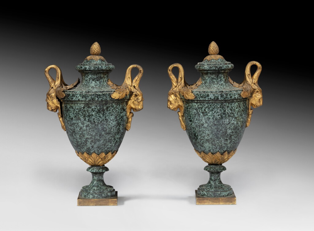View full screen - View 1 of Lot 39. Pair of gilt bronze mounted green granit vases, Louis XV, circa 1765-1770 | Paire de vases d'ornement en granit vert et bronze doré d'époque Louis XV, vers 1765-1770.