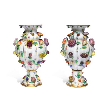 View full screen - View 1 of Lot 364. A Pair of Meissen Flower and Fruit-Encrusted Vases, Late 19th Century.