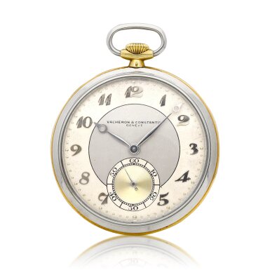 View full screen - View 1 of Lot 8284. A two tone gold openface keyless watch with two tone dial, Circa 1900 | 江詩丹頓 雙色金懷錶,備雙色錶盤,約1900年製.