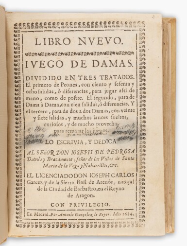View full screen - View 1 of Lot 31. José Carlos Garcés y de la Sierra Boil de Arenós | Libro nuevo, juego de damas, 1684, a rare early Spanish work on checkers.