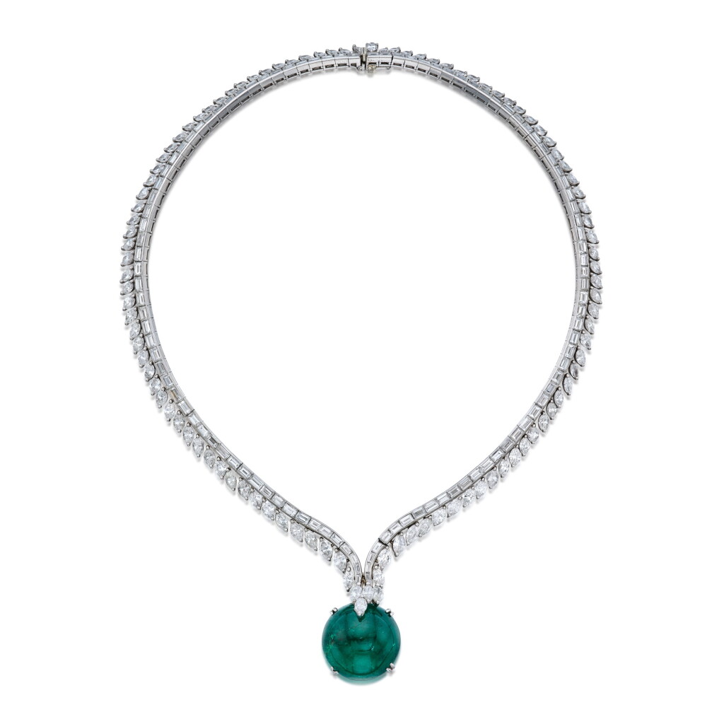 View full screen - View 1 of Lot 268. Diamond Necklace, Cartier, and Emerald and Diamond Pendant.