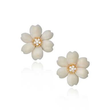 View full screen - View 1 of Lot 26. Pair of Coral and Diamond 'Rose de Noël' Earclips.