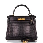 Hermès Black Retourne Kelly 28cm of Matte Alligator with Gold Hardware