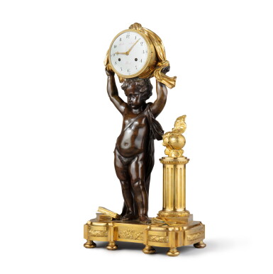 View full screen - View 1 of Lot 39. A Louis XVI gilt and patinated bronze mantel clock | Pendule de cheminée en bronze doré et bronze, d'époque Louis XVI.