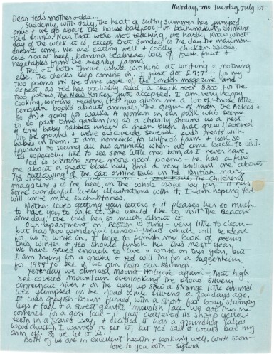 View full screen - View 1 of Lot 31. Sylvia Plath | Autograph letter signed, to Edith & William Hughes, on meeting a groundhog, 1 July 1958.