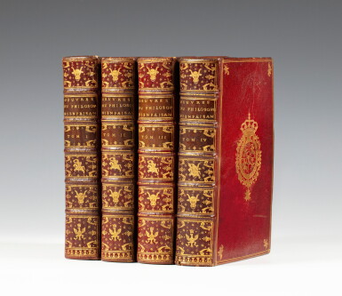 View full screen - View 1 of Lot 31. Oeuvres du philosophe bienfaisant. Paris, 1763. 4 vol. in-8. Maroquin aux armes de Stanislas Leszczynski..