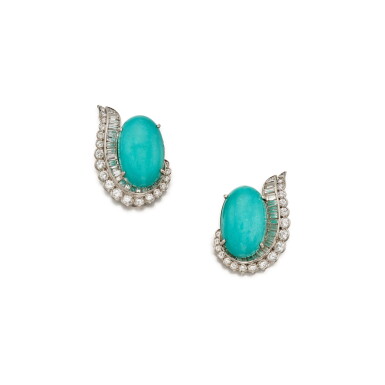View full screen - View 1 of Lot 152. Pair of Turquoise and Diamond Earclips.