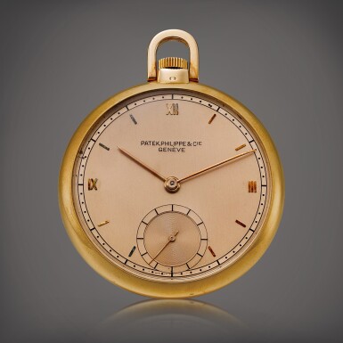 View full screen - View 1 of Lot 2002. Reference 706 | A pink gold openface watch with pink two tone dial, Made in 1943, Formerly part of the Esmond Bradley Martin Collection | 百達翡麗 | 型號 706 | 粉紅金懷錶,備粉紅色雙色錶盤,1943年製,原爲 Esmond Bradley Martin 收藏.