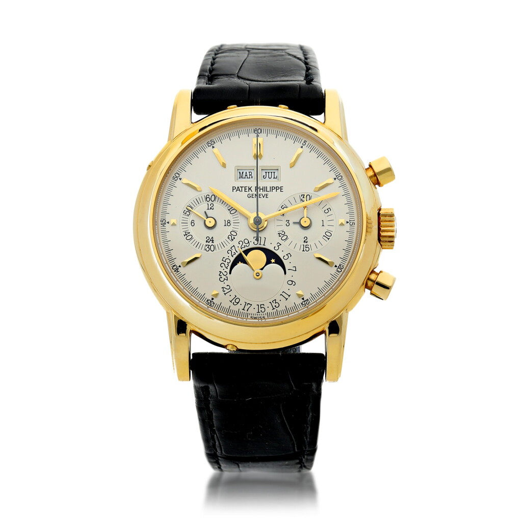View full screen - View 1 of Lot 30. PATEK PHILIPPE | REFERENCE 3970E A YELLOW GOLD PERPETUAL CALENDAR CHRONOGRAPH WRISTWATCH WITH MOON PHASES AND LEAP YEAR INDICATION, MADE IN 1992.