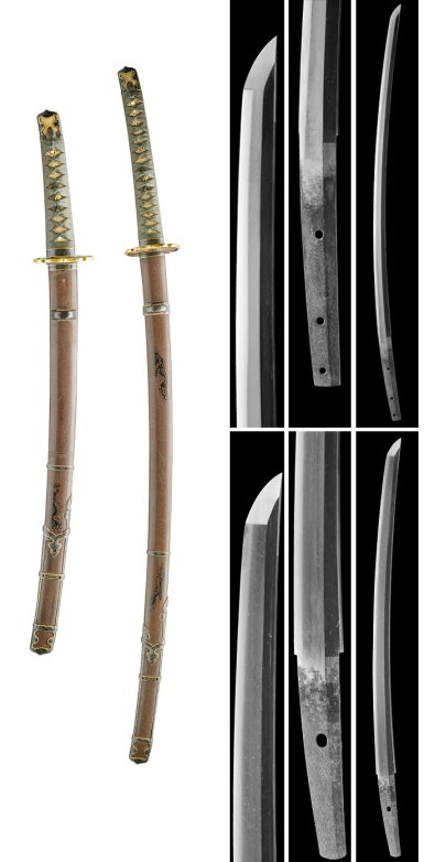 View full screen - View 1 of Lot 54. A daisho | The katana attributed to Tegai Kanekiyo | The wakizashi attributed to Sue Nio | Nanbokucho - Muromachi period, 14th - 15th century .