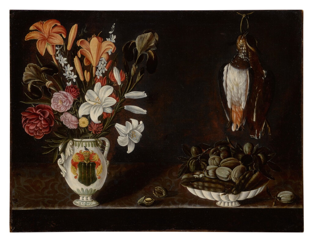 View full screen - View 1 of Lot 343. Still life with heraldic vase of flowers next to a shallow bowl of fruit and dead bird .