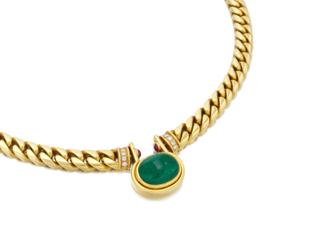 View full screen - View 1 of Lot 105. Bulgari, Emerald, ruby and diamond necklace (Collana in smeraldo, rubini e diamanti, Bulgari) .