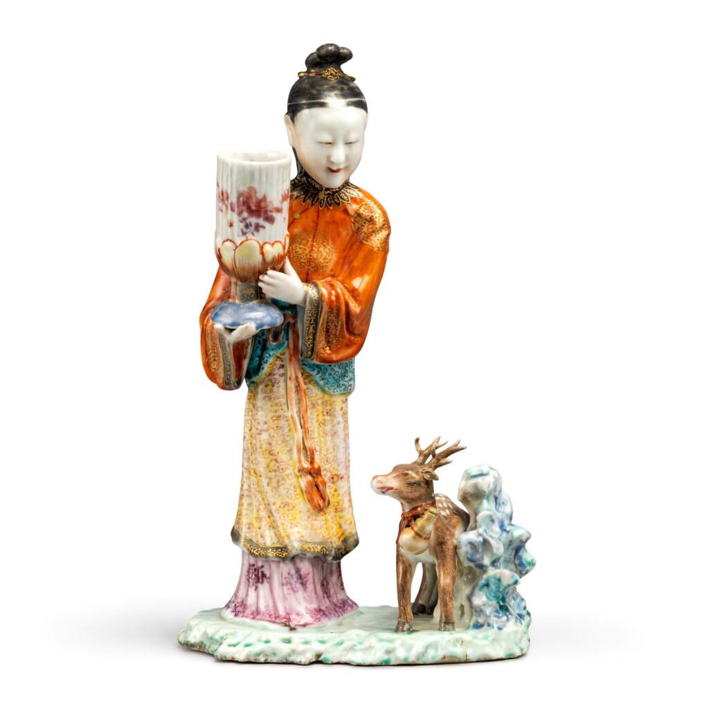 View full screen - View 1 of Lot 343. A Chinese Export Famille-Rose 'Lady and Deer' Figural Group, Qing Dynasty, Qianlong Period | 清乾隆 粉彩仕女瑞鹿擺件.