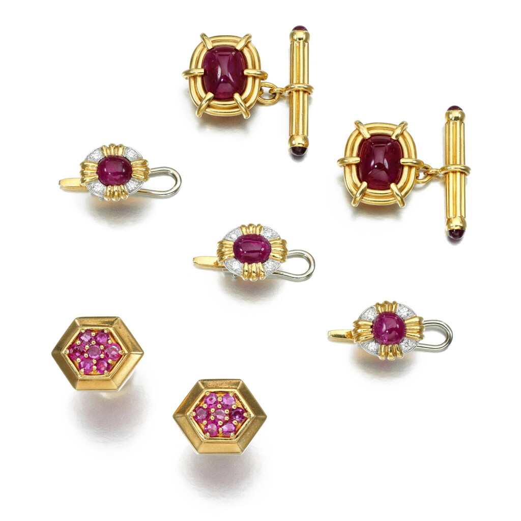View full screen - View 1 of Lot 39. TIFFANY & CO. AND DAVID WEBB | TWO PAIRS OF RUBY CUFFLINKS AND THREE RUBY AND DIAMOND DRESS BUTTONS..