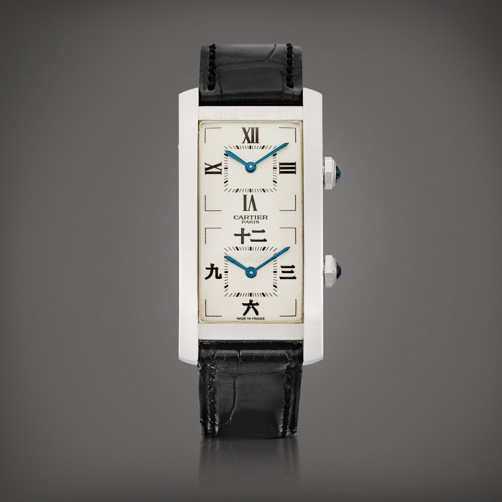 View full screen - View 1 of Lot 2143. Tank Cintrée 'CPCP', Reference 2767 | A limited edition white gold dual time zone wristwatch, Made for the Asian market, Circa 2005 | 卡地亞 | Tank Cintrée 'CPCP' 型號2767 | 限量版白金兩地時間腕錶,為亞洲市場而製,約2005年製.