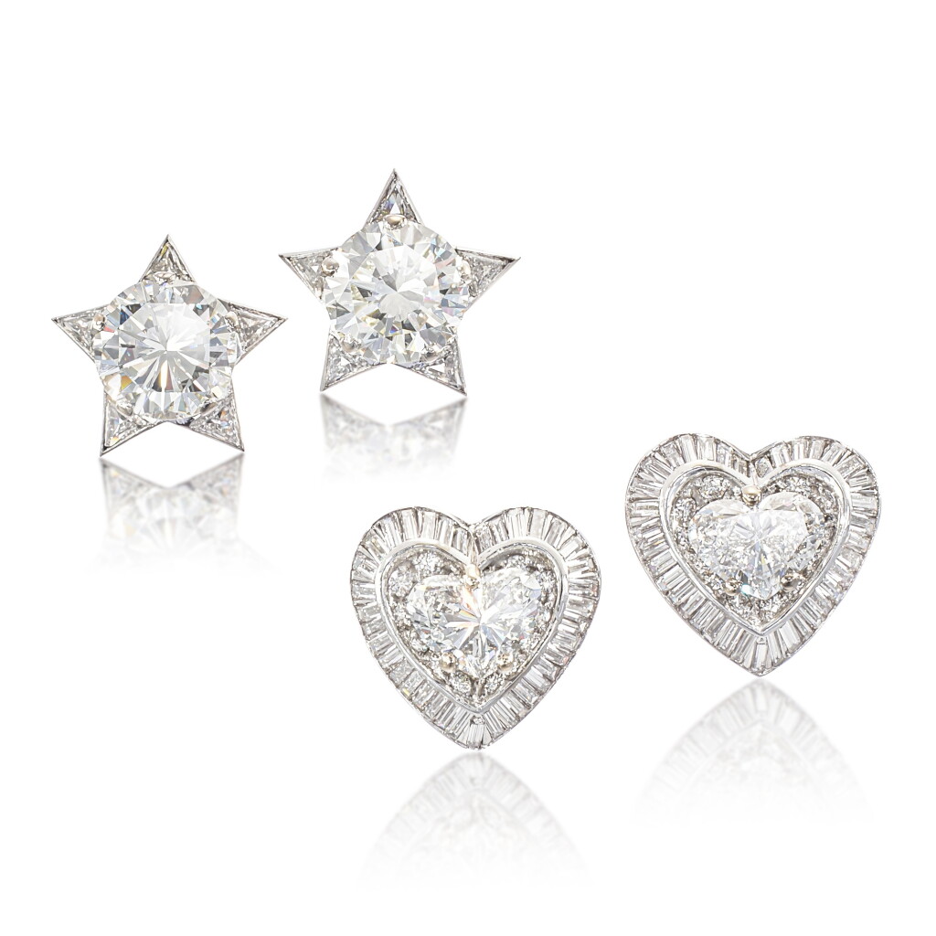 View full screen - View 1 of Lot 1886. Pair of Diamond Earrings and Pair of Diamond Ear Clips | 鑽石 耳環一對 及 鑽石 耳夾一對.