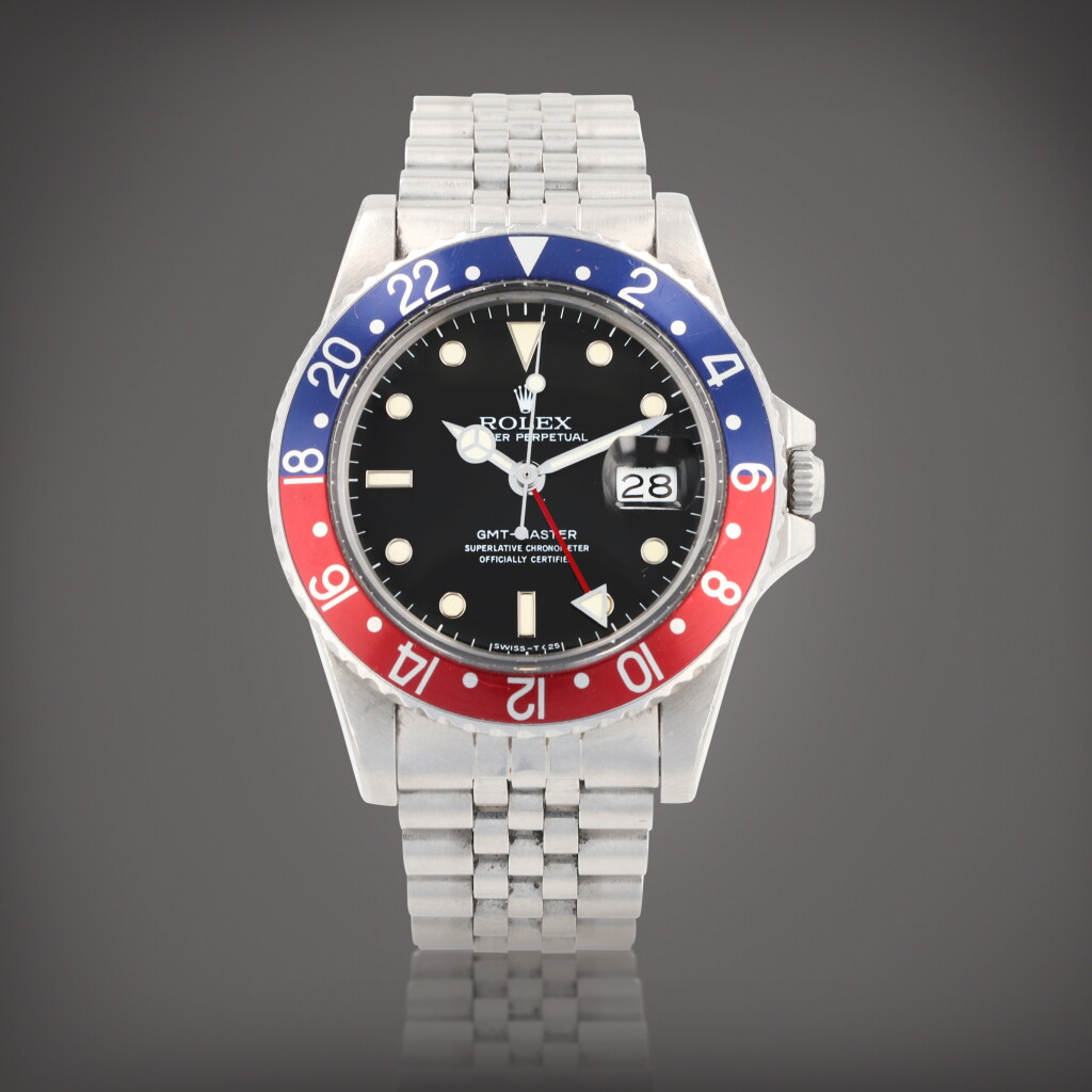 View full screen - View 1 of Lot 160. 'Pepsi' Spider dial, GMT-Master, reference 16750 Montre bracelet en acier avec deux fuseaux horaires et date | Stainless steel dual time zone wristwatch with date and bracelet Vers 1984 | Circa 1984.