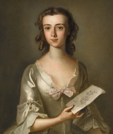 View full screen - View 1 of Lot 92. Portrait of Miss Margaret Goodricke (née Taylor), in a grey satin dress with a pink bow and holding an embroidery pattern in her right hand.