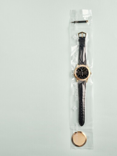 View full screen - View 1 of Lot 2596. Reference 5074R-018 | A possibly unique pink gold minute repeating perpetual calendar wristwatch with cathedral gongs, moon phases, 24 hour, leap year indication and special black dial, In single factory seal, Circa 2017.