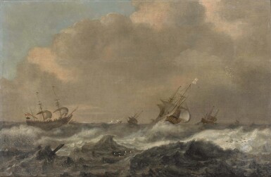 View full screen - View 1 of Lot 53. WILLEM VAN DIEST | A NAVAL BATTLE BETWEEN ENGLISH AND DUTCH SHIPS IN A ROUGH SEA.