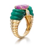 Pink sapphire, malachite and diamond ring, 1970s