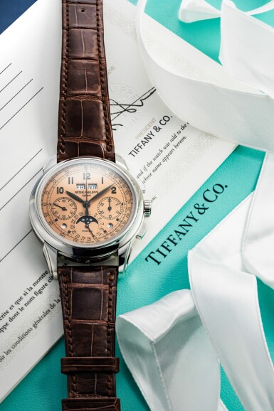 View full screen - View 1 of Lot 53. Reference 5270P | Retailed by Tiffany & Co.: A platinum perpetual calendar chronograph wristwatch with moon phases, Circa 2018 | 零售商為蒂芙尼:百達翡麗 5270P | 型號鉑金萬年曆計時腕錶備月相顯示,約2018年製.