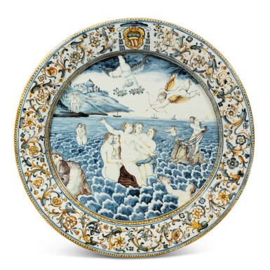 View full screen - View 1 of Lot 180. A Castelli maiolica armroial istoriato large dish, circa 1650-1700, workshop of Carlantonio Grue.