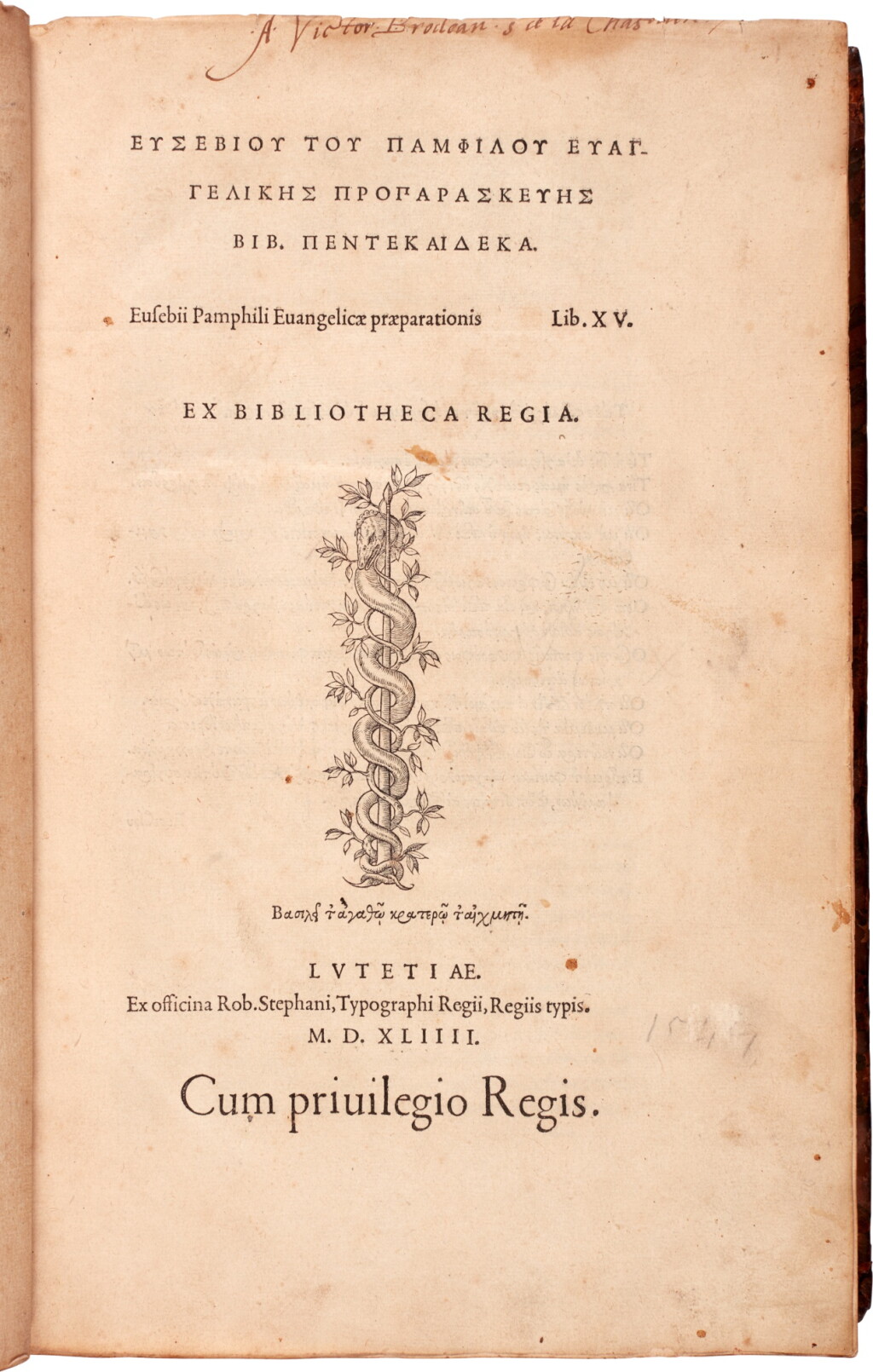 View full screen - View 1 of Lot 72. Eusebius | De evangelicae praeparatione, Paris, Robert Estienne, 1544, old calf.