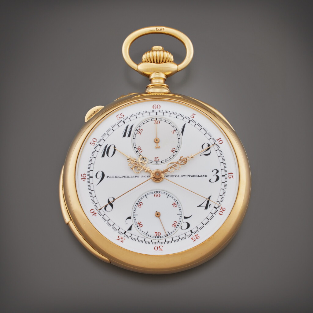 View full screen - View 1 of Lot 152. A yellow gold minute repeating split seconds chronograph open faced watch with 30 minute register, Made in 1913.