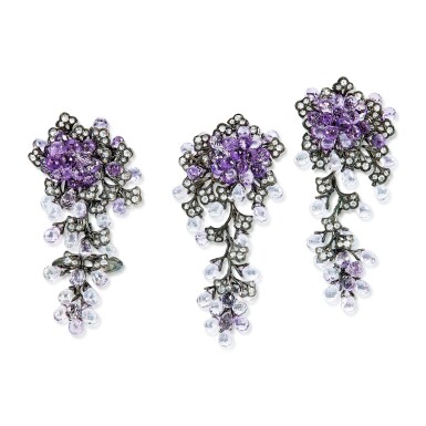 View full screen - View 1 of Lot 1616. Amethyst and Diamond Demi-Parure | 紫水晶 配 鑽石 戒指及耳環套裝.