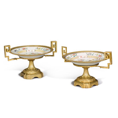 View full screen - View 1 of Lot 66. A pair of gilt-metal mounted Chinese porcelain Famille Rose tazze, the porcelain 18th century, the mounts 19th century.