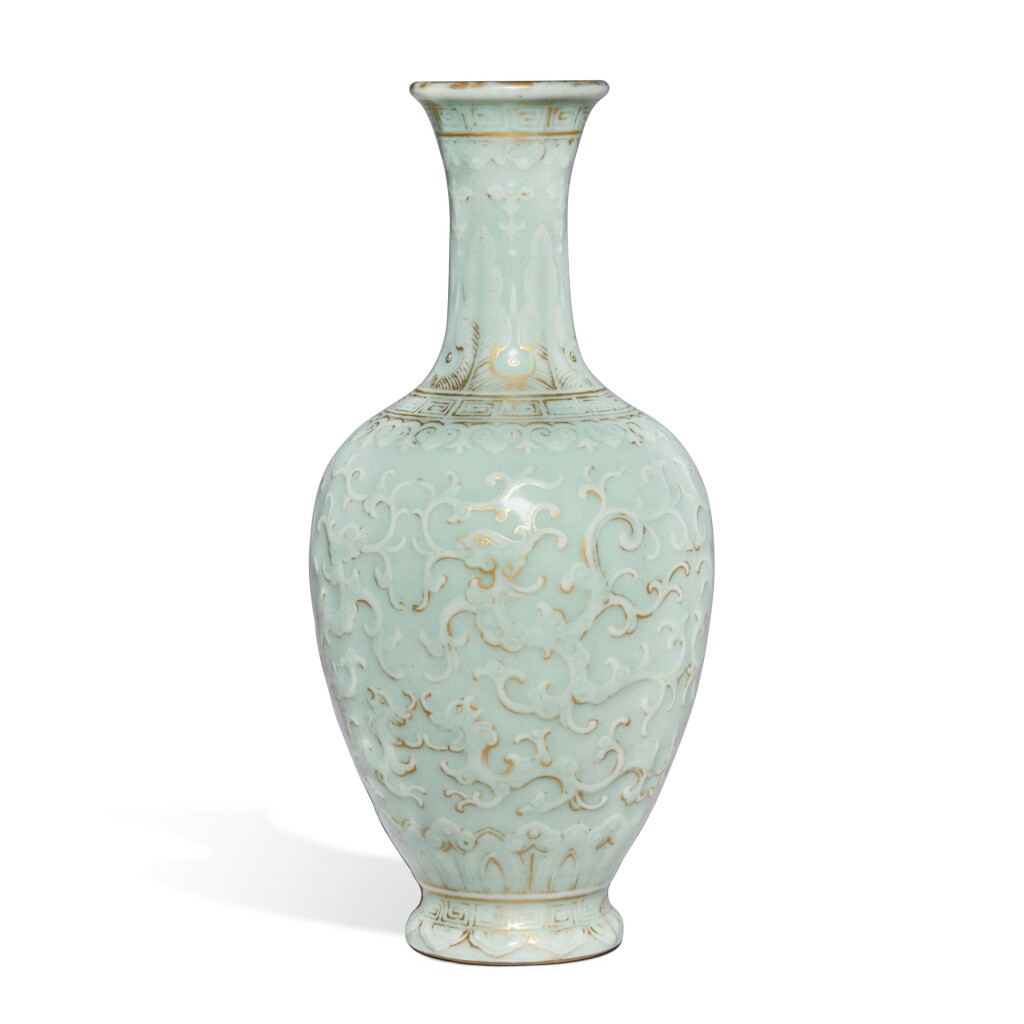 View full screen - View 1 of Lot 516. An extremely rare carved gilt-decorated and celadon-glazed 'phoenix' vase, Seal mark and period of Qianlong | 清乾隆 粉青釉描金鳳紋瓶 《大清乾隆年製》款.