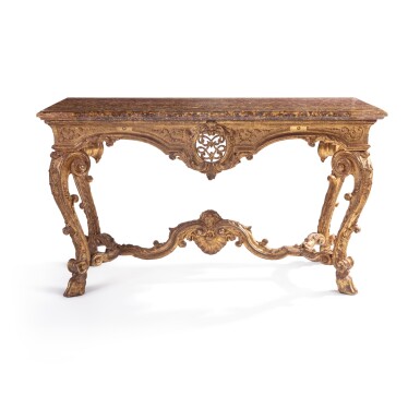 View full screen - View 1 of Lot 3. A Régence giltwood console table, after Germain Boffrand, circa 1720 | Table console en bois doré d'époque Régence, d'après Germain Boffrand, vers 1720.