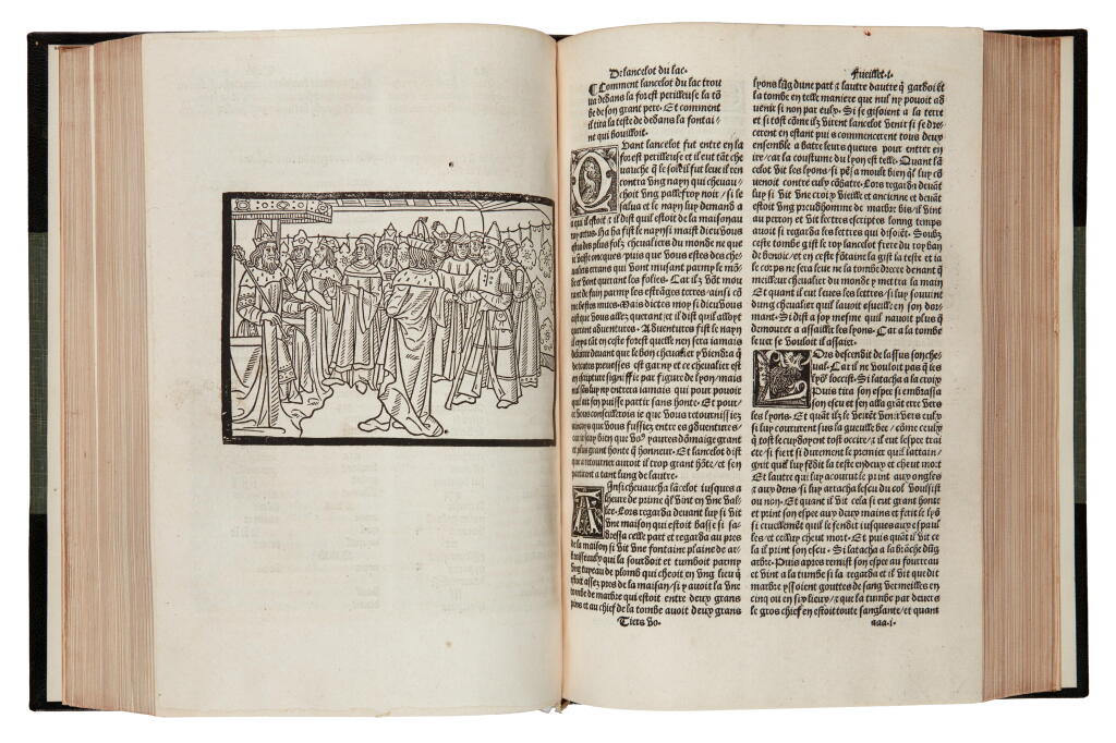 View full screen - View 1 of Lot 17. Lancelot du Lac | Paris, 1513, three volumes in two, half green calf, Edward Gage's copy.