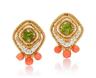 View full screen - View 1 of Lot 7. PAIR OF PERIDOT, CORAL AND DIAMOND EAR CLIPS | CHAUMET, 1960S.