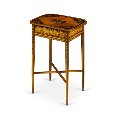 View full screen - View 1 of Lot 115. A late George III painted satinwood side table, circa 1800.