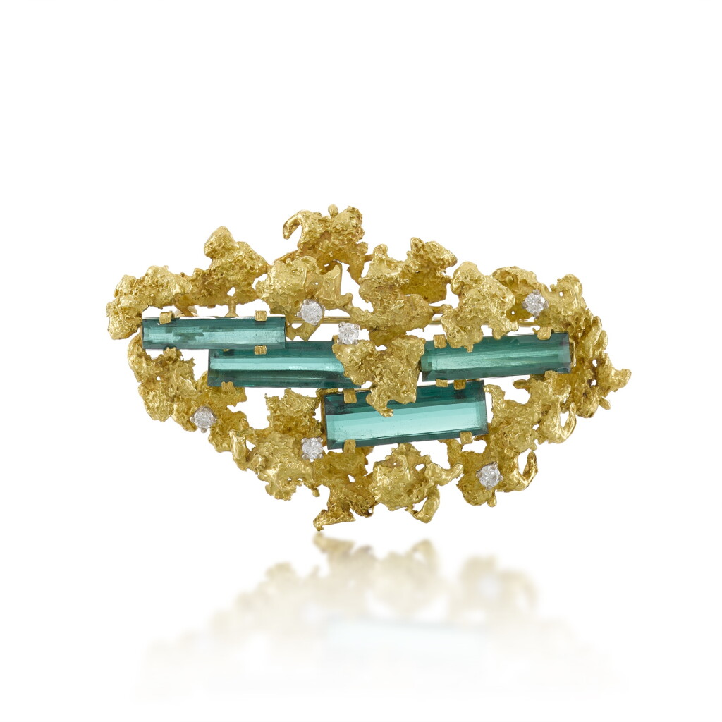 View full screen - View 1 of Lot 34. Tourmaline and diamond brooch, 1968.
