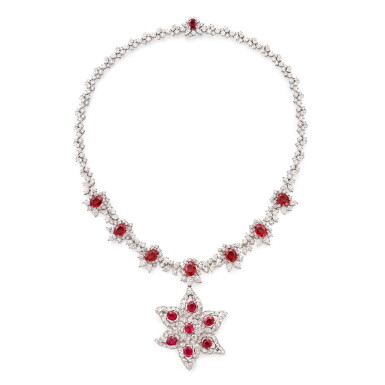 View full screen - View 1 of Lot 303. Ruby and Diamond Necklace and Brooch/Pendant | 紅寶石 配 鑽石 項鍊 及 胸針/ 掛墜.