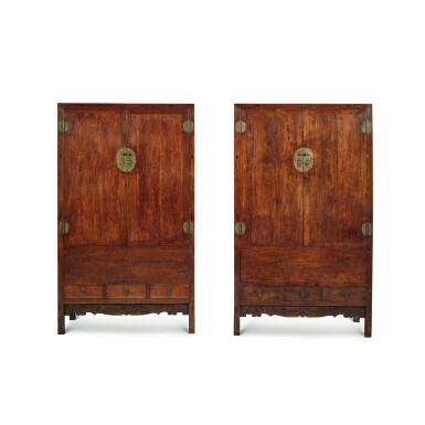 View full screen - View 1 of Lot 204. A rare pair of ‘huanghuali’ square-corner cabinets (Fangjiaogui), 17th century.