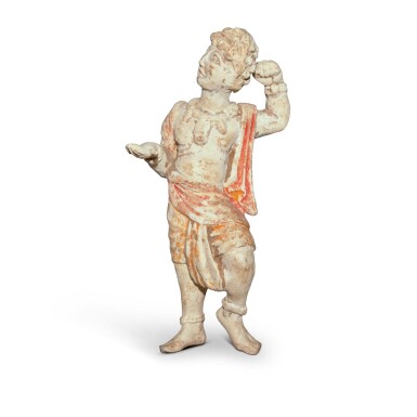 View full screen - View 1 of Lot 14. A rare painted pottery figure of a foreign dancer, Tang dynasty.