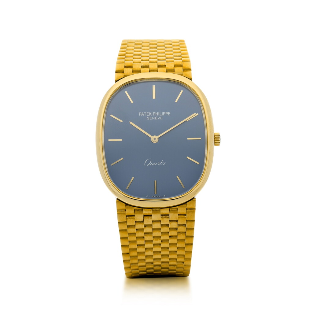 View full screen - View 1 of Lot 58. PATEK PHILIPPE | REFERENCE 3838/1 GRAND ELLIPSE A YELLOW GOLD OVAL BRACELET WATCH, MADE IN 1981.