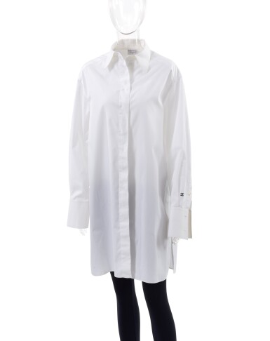 View full screen - View 1 of Lot 164. CHANEL | OVERSIZED WHITE SHIRT AND WHITE LEATHER CHARM BELT .